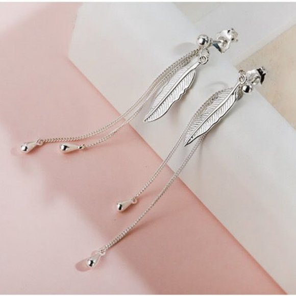 *NEW 925 Sterling Silver Leaf Tassel Drop Earrings - Picture 4 of 7